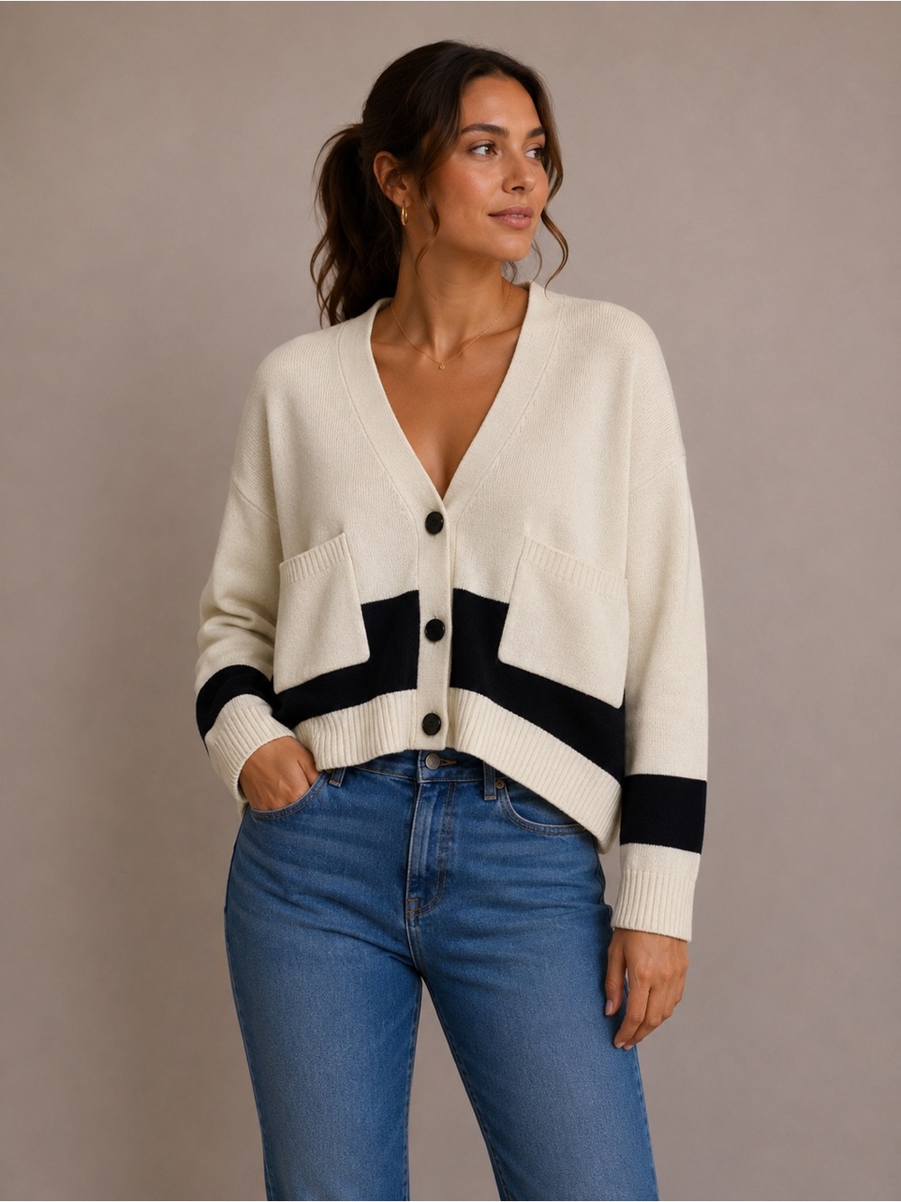 New Bobble & Lace Striped Crop Cardigan Black/Cream Sz L